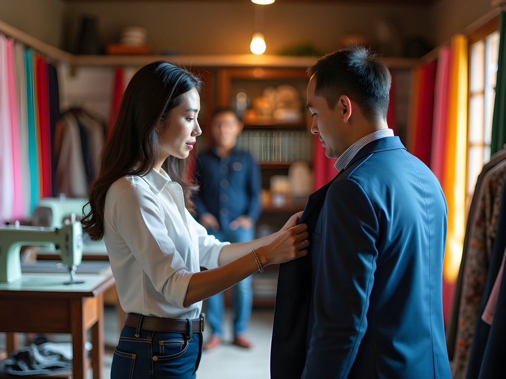 Custom tailoring fitting session in traditional shop in Hoi An Ancient Town