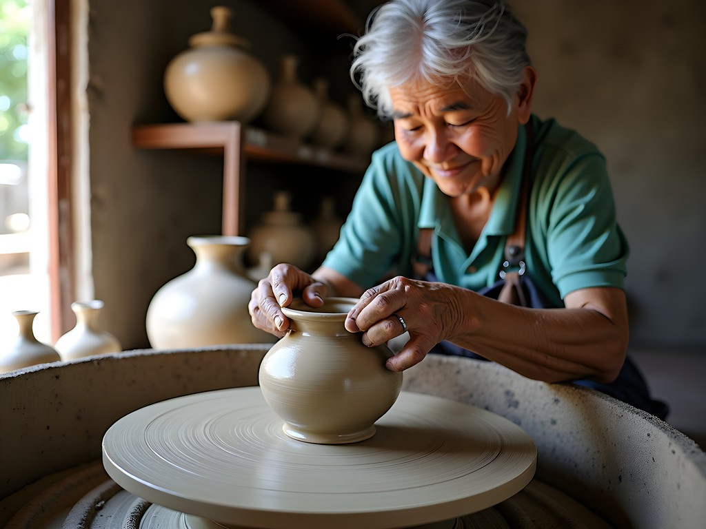 Elderly Vietnamese potter creating traditional ceramic vessel in Thanh Hà Pottery Village near Hoi An