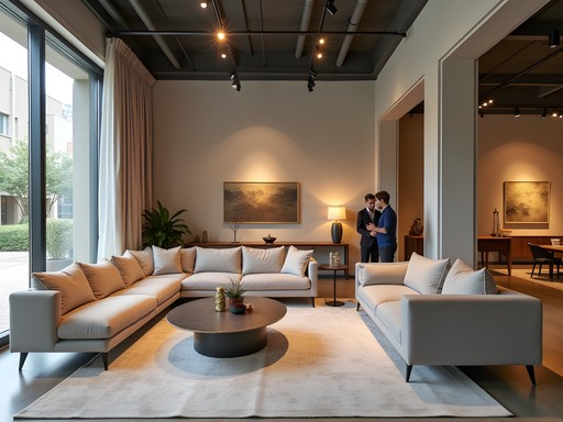 Modern luxury furniture showroom in Dallas Design District with elegant lighting and thoughtful arrangement