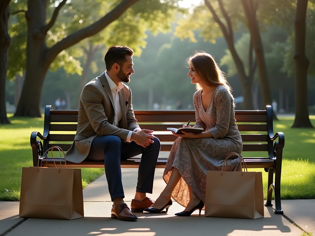 Couple taking a reflective moment in a peaceful garden setting between luxury shopping experiences in Dallas