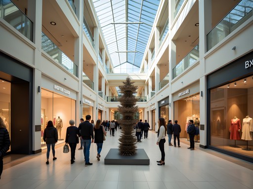 Contemporary sculpture installation at NorthPark Center surrounded by luxury retail stores