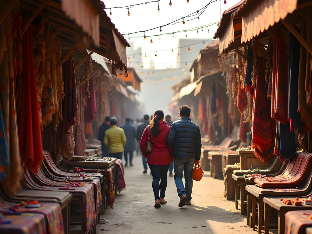 Colorful craft stalls at Dilli Haat market in Delhi during winter season