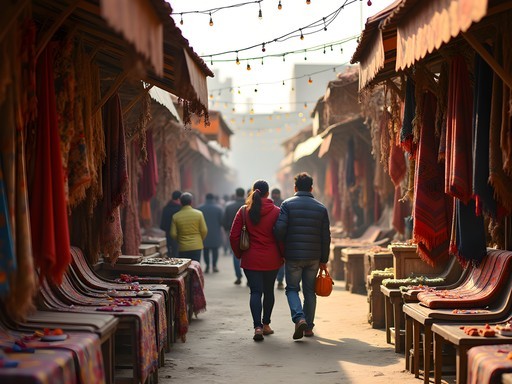 Colorful craft stalls at Dilli Haat market in Delhi during winter season