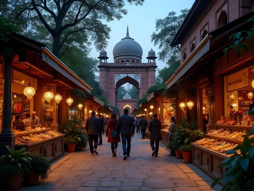 Evening shopping scene at trendy boutiques in Hauz Khas Village with historic architecture