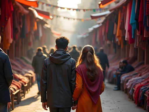 Couple shopping at Janpath Market examining colorful textiles in Delhi
