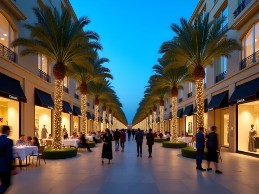 Evening atmosphere at City Walk Dubai with illuminated storefronts and outdoor dining areas
