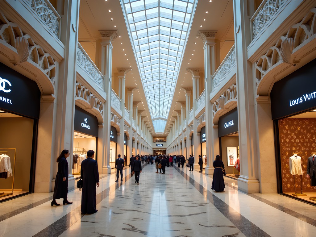 Elegant interior of Dubai Mall's Fashion Avenue luxury section with high-end storefronts and artistic lighting