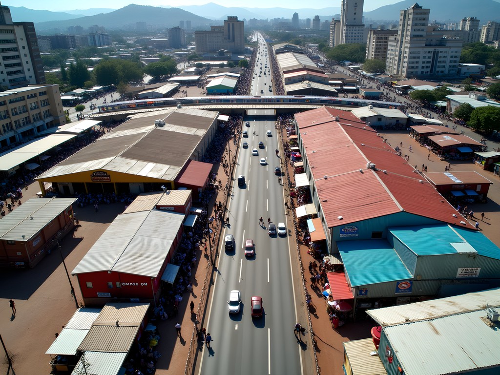 Aerial view of Warwick Junction markets and transport hub in Durban