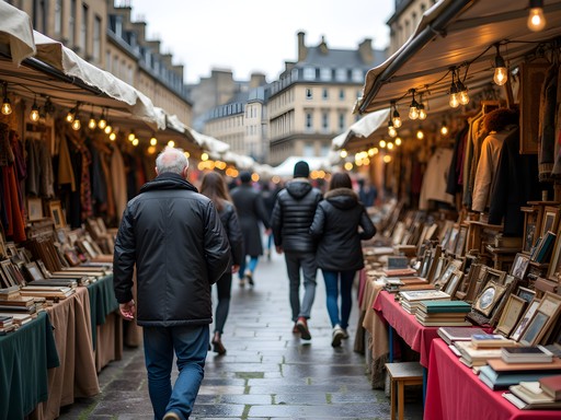 Bustling Sunday vintage market in Edinburgh with vendors and shoppers