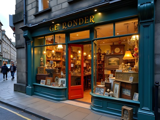 Antique and vintage shop in Leith district with eclectic window display