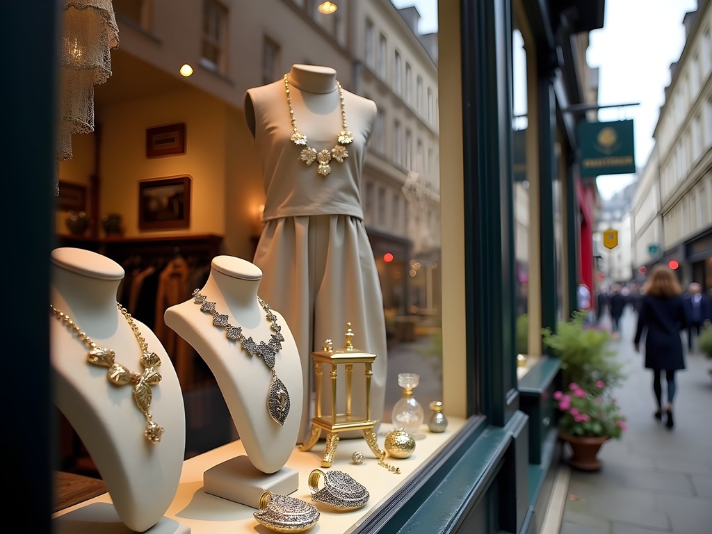 Elegant vintage shop window display in Stockbridge neighborhood of Edinburgh
