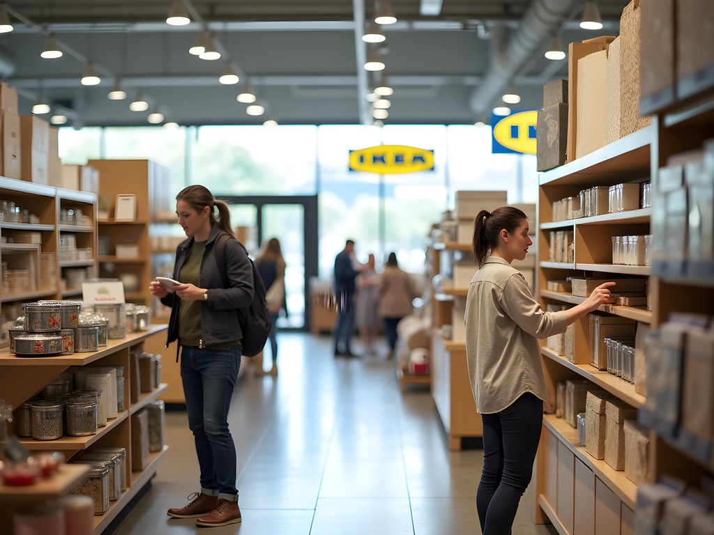 Woman examining home goods at IKEA Elizabeth with shopping cart