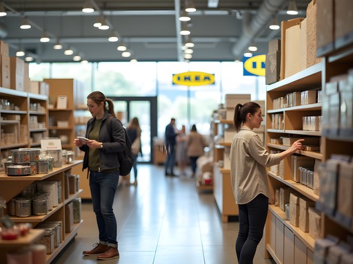 Woman examining home goods at IKEA Elizabeth with shopping cart