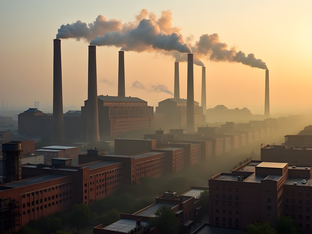 Panoramic view of Faisalabad's textile mills with smoking chimneys at golden hour