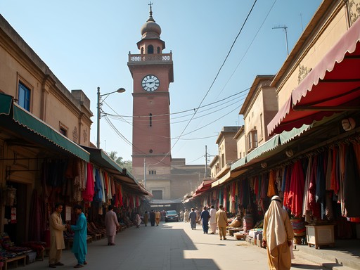 Ghanta Ghar clock tower surrounded by bustling textile bazaars in Faisalabad