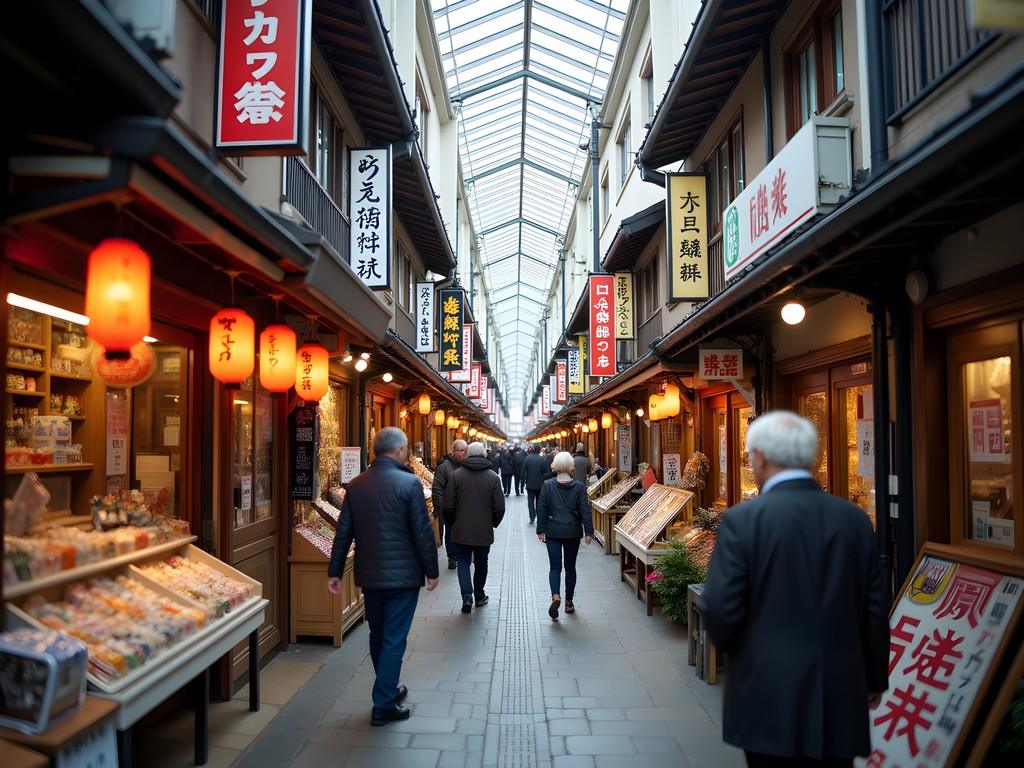 Traditional covered shopping arcade in Fukuoka with mix of old and new stores