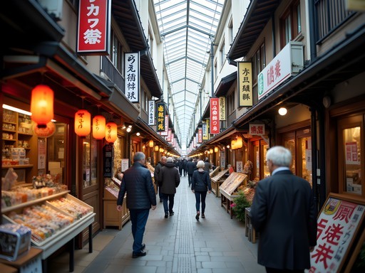 Traditional covered shopping arcade in Fukuoka with mix of old and new stores