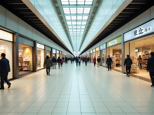 Bright, modern underground shopping corridor in Tenjin, Fukuoka