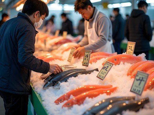 Fresh seafood display at Yanagibashi Market in Fukuoka with vendor and customers
