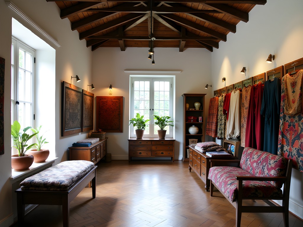 Colorful handloom textiles displayed in colonial building in Galle Fort