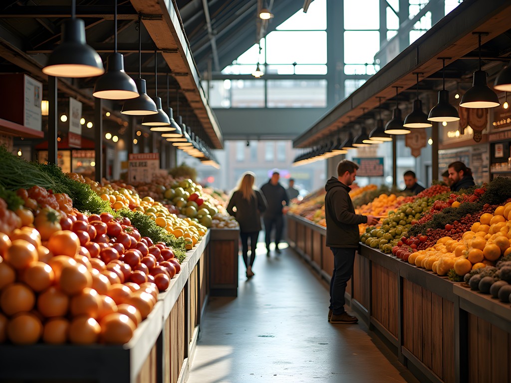 Interior of Grand Rapids Downtown Market with colorful produce displays and local vendors