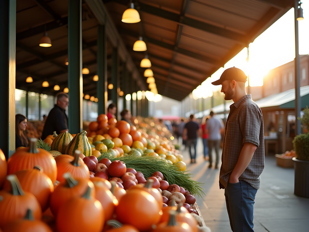 Fulton Street Farmers Market in Grand Rapids during fall harvest season with colorful produce displays