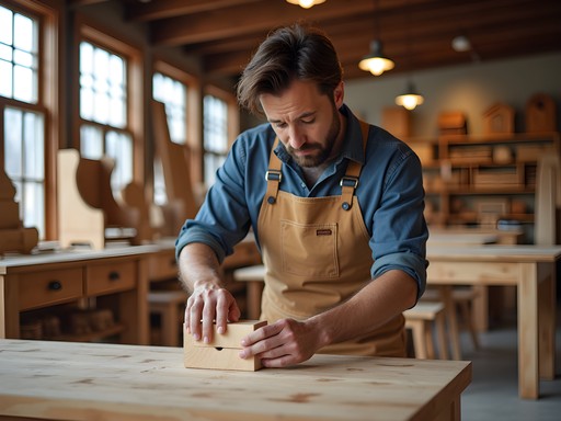 Furniture craftsman demonstrating traditional woodworking techniques in a Grand Rapids showroom