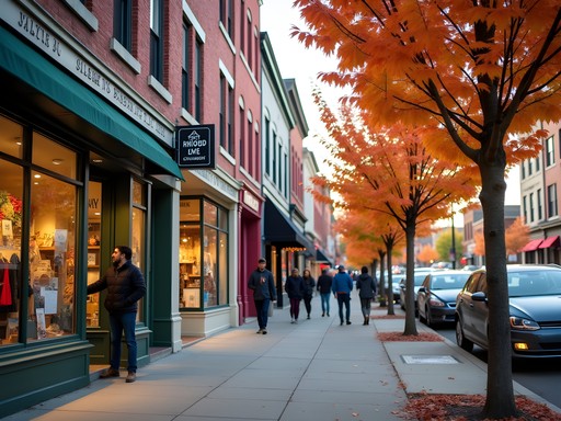 Colorful storefronts along Wealthy Street in Grand Rapids with fall decorations