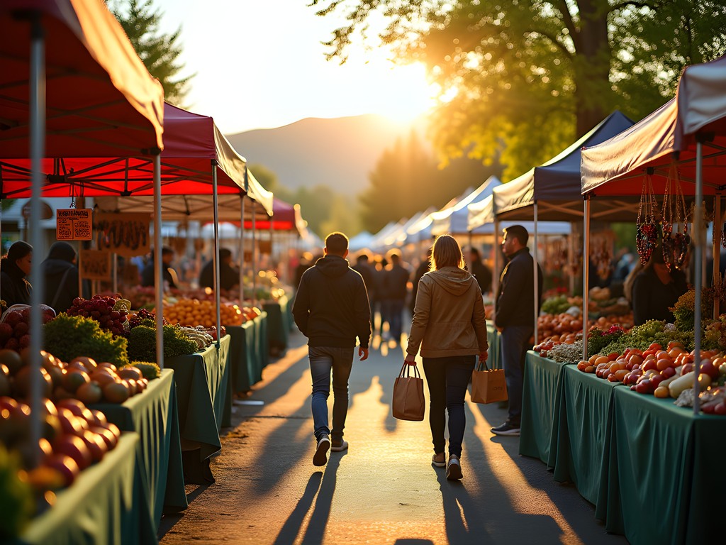 Vibrant morning scene at Gresham Farmers Market with local vendors and shoppers
