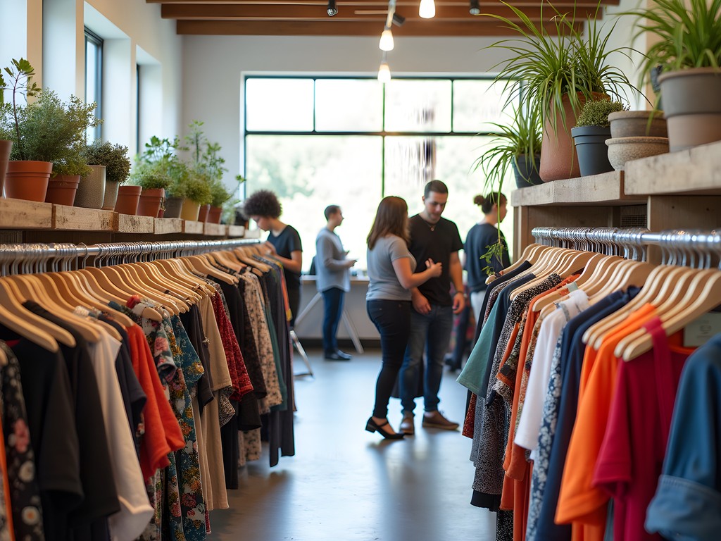 Sustainable fashion display at an upcycled clothing boutique in Gresham with colorful repurposed garments