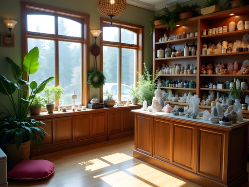 Interior of a wellness boutique on Gresham's Main Street with crystal displays and natural products