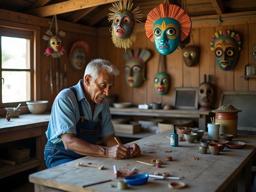 Traditional mask-making workshop in Guaynabo showing artisan creating colorful vejigante masks