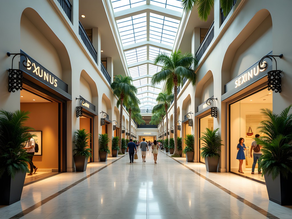 Elegant interior of La Plaza luxury shopping center in Guaynabo with upscale boutiques and tropical design elements