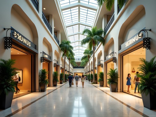 Elegant interior of La Plaza luxury shopping center in Guaynabo with upscale boutiques and tropical design elements