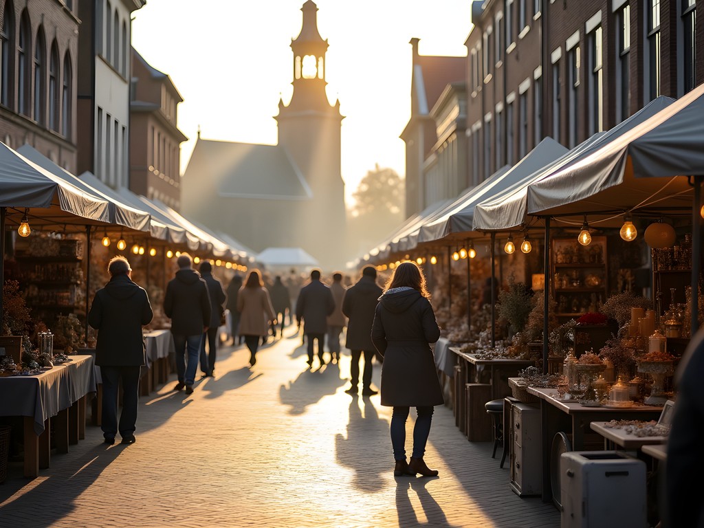 Bustling Saturday vintage market in Haarlem's Grote Markt with antique stalls