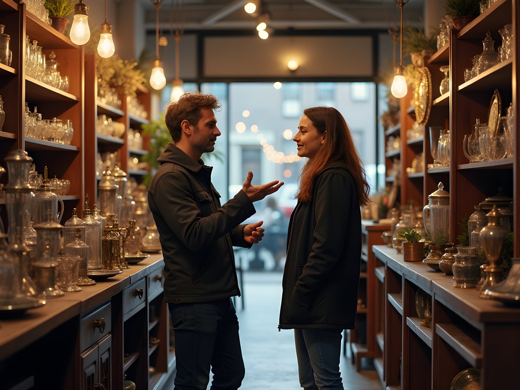 Customer and shop owner discussing vintage items in a Haarlem antique store