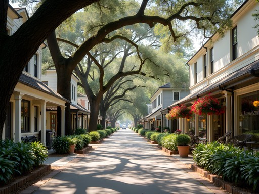 Historic art galleries and studios along oak-lined street in Old Town Bluffton