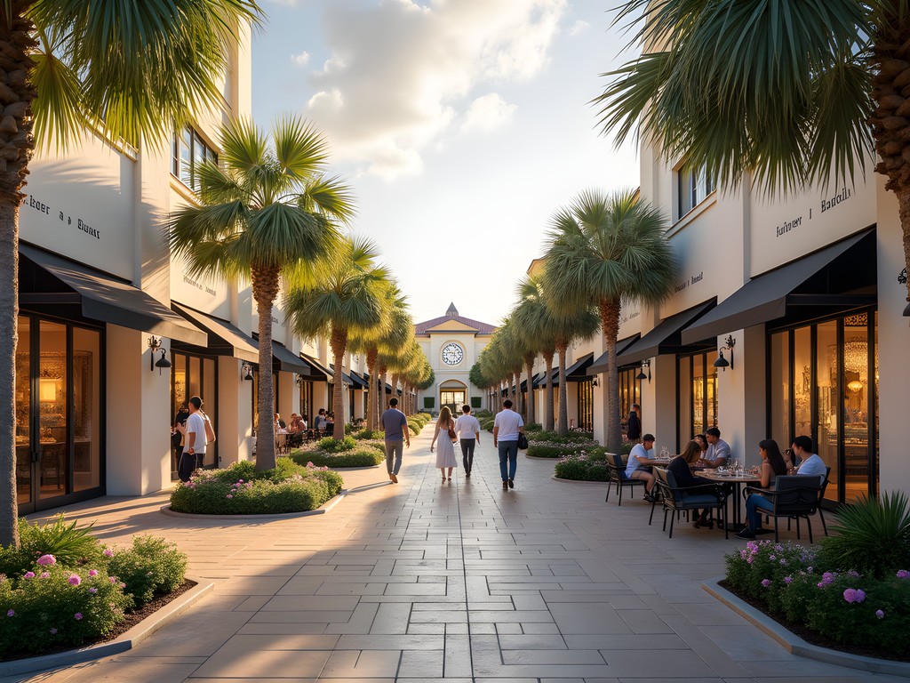 Upscale shopping plaza in Palmetto Dunes with luxury boutiques and manicured landscaping
