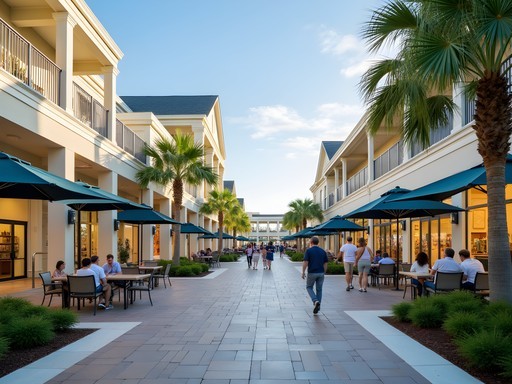Shelter Cove Towne Centre shopping plaza with waterfront views and outdoor seating