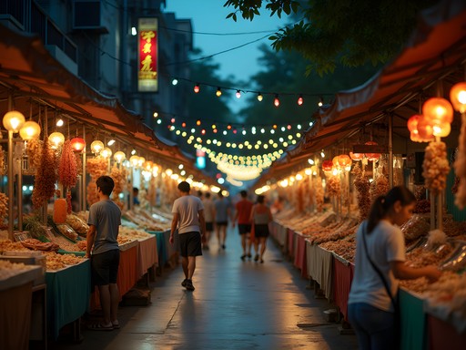 Vibrant night market scene in Ho Chi Minh City with colorful lights and vendors