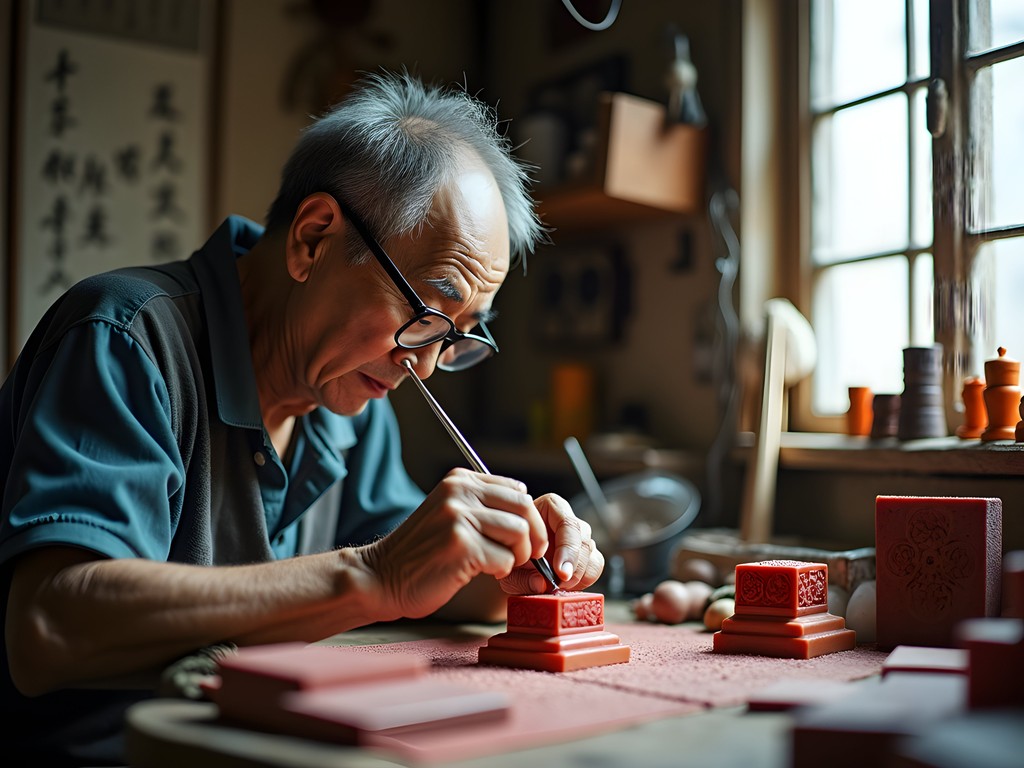 Traditional seal carver working in small Hong Kong workshop