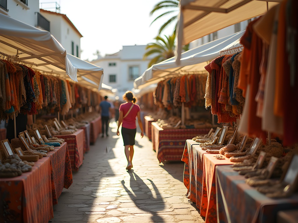 Early morning at Las Dalias Hippy Market in Ibiza with vendors setting up colorful stalls