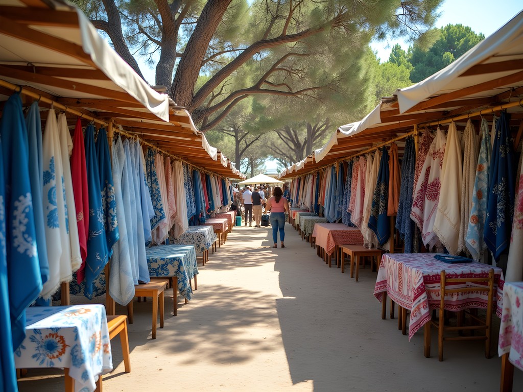 Colorful textile stalls with flowing fabrics under pine trees at Punta Arabí market in Ibiza