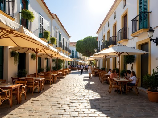 Whitewashed buildings and outdoor cafes in the central square of Santa Gertrudis village in Ibiza