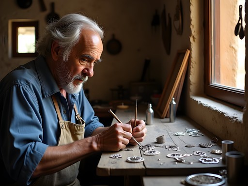 Traditional silversmith working in his historic workshop in Santa Eulària, Ibiza