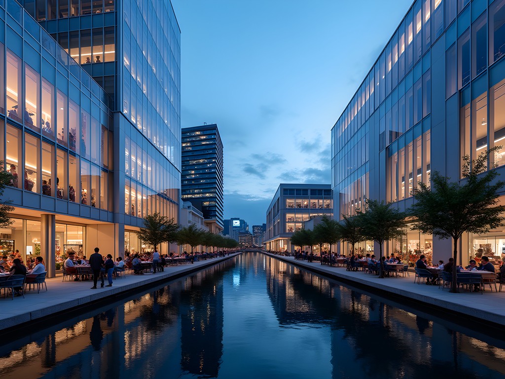 Evening view of illuminated Canal Walk shopping complex with reflections on water
