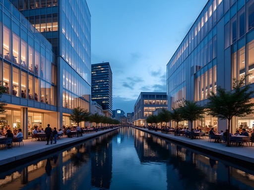 Evening view of illuminated Canal Walk shopping complex with reflections on water