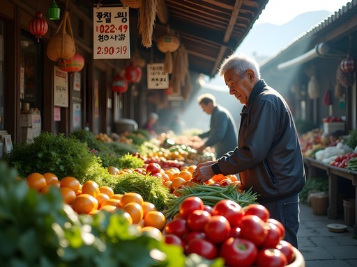 Elderly vendors arranging fresh produce at Moraenae Traditional Market in Incheon