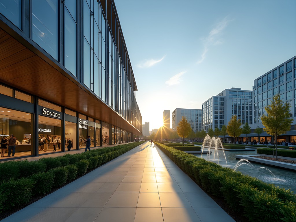 Modern architecture of Songdo Premium Outlets with Central Park in background