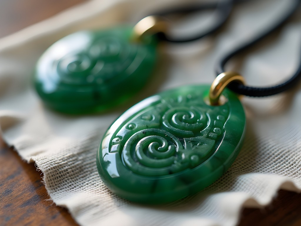 Carefully arranged display of pounamu (greenstone) pendants with traditional Māori designs